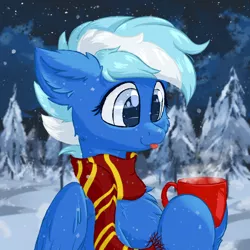 Size: 1024x1024 | Tagged: safe, artist:oblique, derpibooru import, oc, oc:exobass, unofficial characters only, pegasus, :p, blue, cheek fluff, chest fluff, clothes, commission, cup, cute, ear fluff, forest, scarf, snow, snowfall, solo, tongue out, winter, ych result