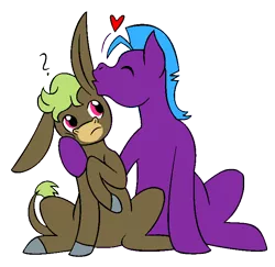 Size: 714x693 | Tagged: safe, artist:chili19, derpibooru import, oc, oc:patrick, oc:rufus, unofficial characters only, earth pony, pony, colored hooves, donkey oc, earth pony oc, eyes closed, gay, kissing, male, oc x oc, question mark, shipping, simple background, sitting, stallion, transparent background