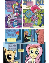 Size: 612x792 | Tagged: safe, artist:greatdinn, artist:newbiespud, derpibooru import, edit, idw, babs seed, fluttershy, pinkie pie, rainbow dash, rarity, sunflower (character), chihuahua, dog, comic:friendship is dragons, equestria girls, spoiler:comic, clothes, collaboration, comic, dialogue, drums, female, hairpin, heatstroke, locker, musical instrument, one man band