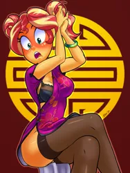 Size: 900x1200 | Tagged: suggestive, alternate version, artist:shaxbert, derpibooru import, sunset shimmer, equestria girls, alternate hairstyle, black underwear, bra, breasts, busty sunset shimmer, cheongsam, clothes, digital art, embarrassed, embarrassed underwear exposure, female, flower pattern underwear, frilly underwear, open clothes, shou, side slit, solo, underwear, wardrobe malfunction