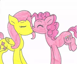 Size: 1037x860 | Tagged: safe, artist:cmara, derpibooru import, fluttershy, pinkie pie, earth pony, pegasus, pony, eyes closed, female, flutterpie, kissing, lesbian, mare, raised leg, shipping, simple background, traditional art, white background