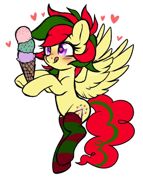 Size: 1789x2209 | Tagged: safe, artist:hawthornss, derpibooru import, oc, oc:attraction, unofficial characters only, pegasus, clothes, femboy, food, heart, heart eyes, ice cream, licking, licking lips, male, socks, solo, striped socks, tongue out, trap, wingding eyes, wings