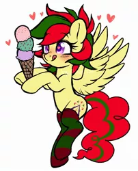 Size: 1789x2209 | Tagged: safe, artist:hawthornss, derpibooru import, oc, oc:attraction, unofficial characters only, pegasus, clothes, femboy, food, heart, heart eyes, ice cream, licking, licking lips, male, socks, solo, striped socks, tongue out, trap, wingding eyes, wings