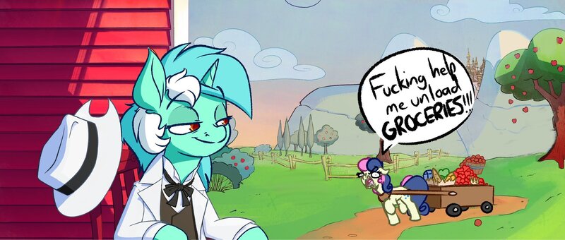 Size: 2047x870 | Tagged: safe, artist:anontheanon, artist:witchtaunter, derpibooru import, edit, bon bon, lyra heartstrings, sweetie drops, earth pony, unicorn, applejack's plantation, bon bon is not amused, faic, female, image, jpeg, l.u.l.s., lesbian, lyrabon, mare, married couples doing married things, schadenfreude, shipping, unamused, vulgar