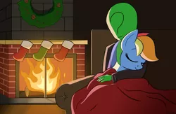 Size: 2300x1503 | Tagged: artist:infrayellow, christmas, clothes, cuddling, derpibooru import, fire, fireplace, holiday, oc, oc:anon, rainbow dash, safe, snuggling, socks, stockings, thigh highs