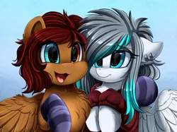 Size: 2379x1783 | Tagged: safe, artist:pridark, derpibooru import, oc, unofficial characters only, pegasus, pony, bust, chest fluff, clothes, commission, duo, happy, heterochromia, open mouth, portrait, smiling, socks, striped socks