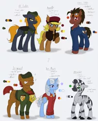 Size: 1611x1997 | Tagged: safe, artist:ravenpuff, deleted from derpibooru, derpibooru import, oc, oc:annette, oc:clear skies, oc:ice pearl, oc:lotus, oc:newbie, oc:sergeant, unofficial characters only, bat pony, kelpie, pony, unicorn, zebra, roan rpg, bat pony oc, bat wings, clothes, female, frown, glasses, hat, horn, male, mare, reference sheet, stallion, text, unicorn oc, wings, zebra oc