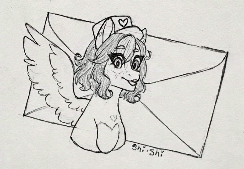 Size: 3954x2740 | Tagged: artist:shishi, bust, bust shot, commission, derpibooru import, inked, letter, mailmare, mailpony, oc, oc:love letter, oc:loveletter, pegasus, pegasus oc, safe, sketch, wings