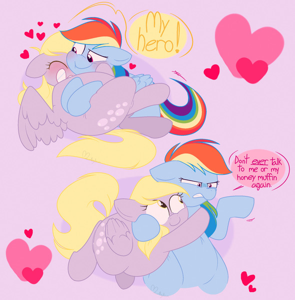 Size: 2048x2078 | Tagged: safe, artist:hyperfixatins, artist:pillsburries, derpibooru import, derpy hooves, rainbow dash, pegasus, pony, blushing, chubby, chubby dash, comic, derpydash, dialogue, don't talk to me or my son ever again, fat, female, heart, hug, lesbian, shipping