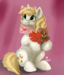 Size: 3000x3500 | Tagged: safe, artist:tehtigress, derpibooru import, sweet biscuit, pony, unicorn, adorabiscuit, cute, flower, heart, letter, looking up, mouth hold, sitting, teddy bear