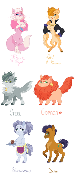 Size: 3139x7448 | Tagged: safe, artist:pikokko, derpibooru import, oc, oc:brass, oc:copper, oc:gold fever, oc:platinum royal, oc:silverware, oc:steel, unofficial characters only, abyssinian, anthro, cat, cat pony, digitigrade anthro, hybrid, original species, pony, unguligrade anthro, abyssinian oc, apron, boa, cat eyes, clothes, ear piercing, earring, fangs, female, food, hair over one eye, interspecies offspring, jacket, jewelry, male, muffin, necklace, offspring, parent:capper, parent:oc:rose gold, parent:pinkie pie, parents:capperpie, piercing, siblings, simple background, slit eyes, white background