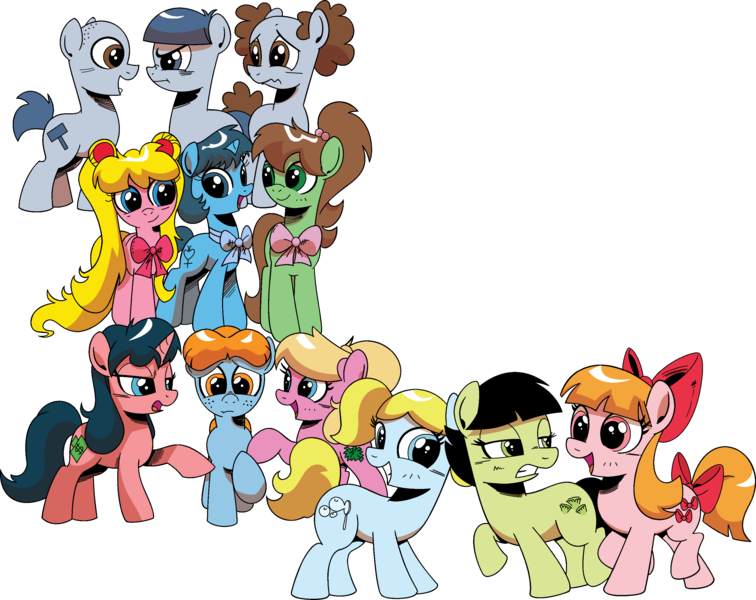 Size: 3023x2399 | Tagged: safe, artist:vgc2001, derpibooru import, idw, ponified, earth pony, pony, unicorn, spoiler:comic, amy anderson, archie andrews, archie comics, betty cooper, blossom (powerpuff girls), bow, bowtie, bubbles (powerpuff girls), buttercup (powerpuff girls), colt, curly howard, female, filly, happy, larry fine, lita kino, male, moe howard, sad, sailor jupiter, sailor mercury, sailor moon, serena tsukino, the powerpuff girls, the three stooges, unamused, veronica lodge