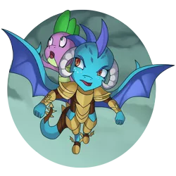 Size: 3600x3600 | Tagged: armor, artist:kenisu-of-dragons, baby, baby dragon, derpibooru import, dragon, dragon armor, dragoness, dragons riding dragons, duo, female, flying, gauntlet of fire, looking up, male, princess ember, riding, safe, scene interpretation, simple background, spike, spread wings, teamwork, teamwork is magic, transparent background, wings