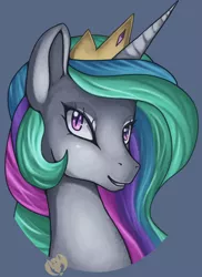 Size: 2400x3300 | Tagged: safe, artist:kenisu-of-dragons, derpibooru import, princess celestia, alicorn, pony, beautiful, bust, crown, female, gray background, grin, jewelry, mare, multicolored mane, portrait, purple eyes, regalia, simple background, slit eyes, smiling, solo