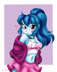 Size: 966x1213 | Tagged: safe, artist:queentigrel, derpibooru import, sonata dusk, equestria girls, abstract background, adorasexy, belly button, breasts, busty sonata dusk, candy, cleavage, clothes, cute, female, food, heart, hoodie, jewelry, lollipop, midriff, miniskirt, moe, mouth hold, necklace, ponytail, sexy, skirt, solo, sonatabetes, tanktop