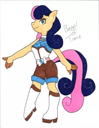 Size: 5135x6627 | Tagged: safe, artist:bageloftime, derpibooru import, bon bon, sweetie drops, anthro, earth pony, absurd resolution, boots, clothes, female, mare, shoes, shorts, signature, simple background, smiling, solo, traditional art, white background