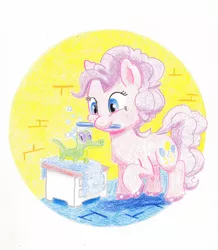 Size: 1280x1471 | Tagged: safe, artist:lost marbles, derpibooru import, gummy, pinkie pie, alligator, earth pony, pony, bath, brush, cleaning, colored pencil drawing, cute, female, mare, soap, soap bubble, traditional art