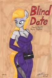 Size: 863x1280 | Tagged: suggestive, artist:newyorkx3, derpibooru import, oc, oc:casey, unofficial characters only, anthro, earth pony, comic:blind date, 2018, breasts, clothes, comic, comic cover, dress, female, garter straps, gloves, handbag, long gloves, simple background, socks, solo, solo female, text, traditional art