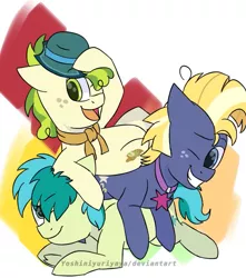 Size: 679x768 | Tagged: safe, artist:yoshiniyuriyaya, derpibooru import, pistachio, sandbar, star tracker, earth pony, pony, cute, freckles, grin, hat, jewelry, male, necklace, one eye closed, pistachiaww, pony pile, sandabetes, simple background, smiling, teenager, trackerbetes, trio