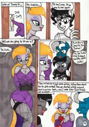 Size: 2092x2972 | Tagged: suggestive, artist:newyorkx3, derpibooru import, oc, oc:casey, oc:soma, oc:tommy, oc:tyler, unofficial characters only, anthro, earth pony, unicorn, comic:blind date, bedroom eyes, breasts, clothes, comic, door, doorbell, dress, female, fishnets, garter belt, garter straps, gloves, handbag, lidded eyes, long gloves, looking at each other, looking at you, male, socks, soda, soda can, text, traditional art