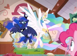 Size: 981x712 | Tagged: safe, derpibooru import, screencap, pinkie pie, princess celestia, princess luna, alicorn, earth pony, pony, between dark and dawn, cropped, duo focus, dynamic entry, eyes closed, female, flying, heroic posing, hoof shoes, hooves on hips, jewelry, mare, peytral, regalia, smiling, spread wings, wings