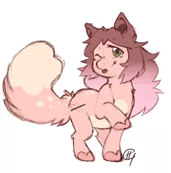 Size: 3850x3900 | Tagged: safe, artist:sparkleyunicorncat, derpibooru import, oc, oc:cinnamon fawn, unofficial characters only, chinchilla, earth pony, hybrid, pony, brown hair, chubby, cutie mark, fluffy hair, fluffy mane, fluffy tail, freckles, green eyes, hazel eyes, heart hooves, long hair, messy hair, one eye closed, pink hair, ponysona, signature, simple background, sketch, smiling, solo, spots, sticking tongue out, tareme, tongue out, two toned mane, white background, wing tattoo, wink