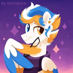 Size: 950x950 | Tagged: safe, artist:sonnatora, derpibooru import, oc, unofficial characters only, pegasus, pony, bust, clothes, glasses, heterochromia, scarf, solo