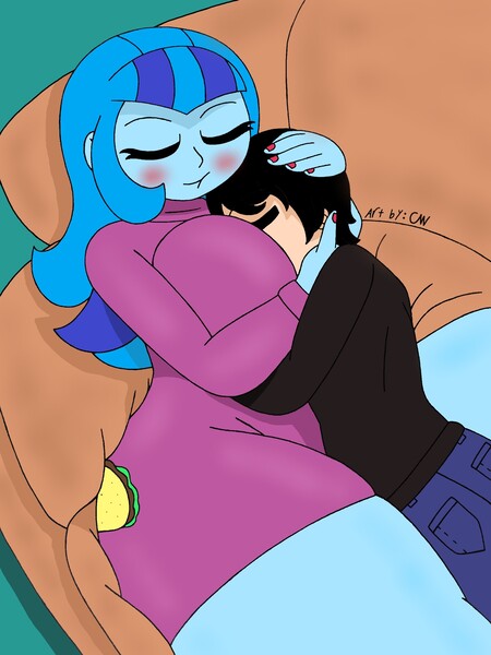 Size: 1932x2576 | Tagged: suggestive, artist:c_w, derpibooru import, sonata dusk, human, equestria girls, big breasts, blushing, boob smothering, breasts, busty sonata dusk, couch, equestria girl x human, eyelashes, eyes closed, female, human male, human on equestria girl action, larger female, loose hair, male, nail polish, plump, size difference, sleeping, sleeping with sirens, smaller male, smothering, snuggling, thick, thighs