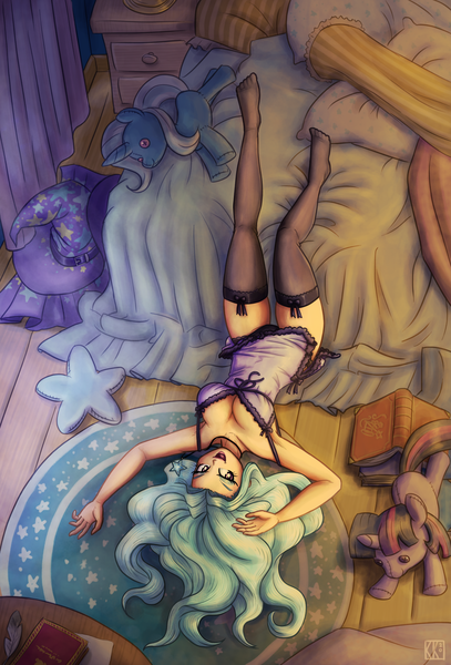 Size: 2000x2948 | Tagged: suggestive, artist:king-kakapo, derpibooru import, trixie, twilight sparkle, human, unicorn, armpits, bed, bedroom, black underwear, book, breasts, busty trixie, cape, clothes, female, hat, humanized, lingerie, on back, panties, pillow, plushie, quill, socks, solo, solo female, stockings, thigh highs, trixie's cape, trixie's hat, underwear, unicorn twilight