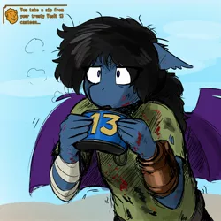 Size: 1800x1800 | Tagged: safe, artist:the-minuscule-task, derpibooru import, oc, oc:ipomoea, unofficial characters only, anthro, bat pony, fallout equestria, anthro oc, bandage, bat pony oc, bat wings, blood, blood stains, canteen, dirty, fallout, fallout: new vegas, female, mare, pipboy, solo, wings