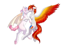 Size: 3257x2553 | Tagged: safe, artist:ohhoneybee, derpibooru import, oc, oc:heartfire, unofficial characters only, pegasus, pony, colored wings, female, kissing, male, mare, multicolored wings, simple background, stallion, transparent background, wings