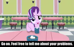 Size: 1920x1238 | Tagged: safe, artist:cloudyglow, derpibooru import, edit, vector edit, starlight glimmer, pony, unicorn, bronybait, caption, empathy cocoa, food, introvert's nightmare, looking at you, marshmallow, meme, restaurant, stool, table, text, vector