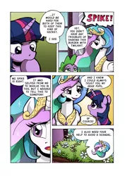 Size: 1204x1700 | Tagged: safe, artist:tarkron, derpibooru import, princess celestia, spike, twilight sparkle, twilight sparkle (alicorn), alicorn, dragon, pony, comic:the royal sandal, comic