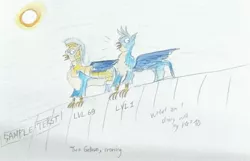 Size: 3488x2240 | Tagged: artist:horsesplease, crowing, derpibooru import, gallus, gallus the rooster, royal guard gallus, safe, sample text, self griffondox, self paracox, solo, the last problem, traditional art