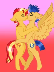 Size: 1024x1353 | Tagged: safe, artist:lightningbolt39, derpibooru import, flash sentry, sunset shimmer, pony, unicorn, female, flashimmer, kissing, male, shipping, straight