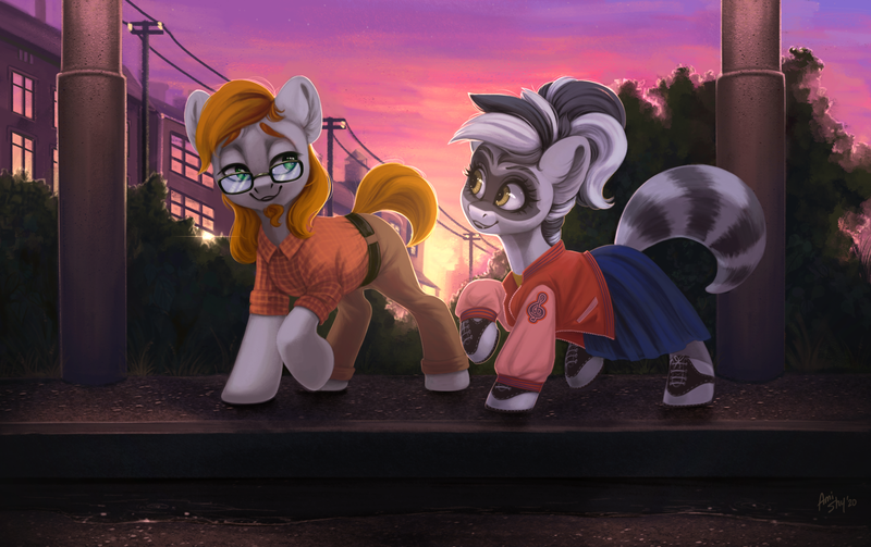 Size: 3438x2160 | Tagged: safe, artist:amishy, derpibooru import, oc, oc:bandy cyoot, oc:jerry alton, earth pony, hybrid, pony, raccoon, raccoon pony, admiration, admiring, asphalt, belt, big ears, black stripe, blue, building, bush, canines, chimney, clothes, date, ears, ears up, electric pole, eye, eyebrows, eyelashes, eyes, facial hair, female, food, glasses, goatee, grass, gray coat, green eyes, hair, happy, hedge, hooves, jacket, lamppost, letterman jacket, light, lighting, lines, long hair male, loose hair, love, male, mare, mask, multicolored hair, muzzle, nose, nostrils, open smile, orange, pants, patch, plaid shirt, pocket, purple sky, rain, raised eyebrows, reflection, saddle oxfords, shading, shine, shipping, shirt, shoelace, shoes, short tail, sidewalk, skirt, smiling, snout, soft, stallion, stars, steeple, striped tail, stripes, sun, sunset, tan, telephone pole, together, treble clef, two toned mane, water, white pony, white stripes, window, yellow, yellow eyes, yellow shirt, zipper