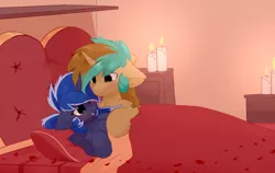 Size: 1880x1188 | Tagged: safe, artist:little-sketches, derpibooru import, edit, princess luna, oc, oc:demi, oc:demiurgic theory, alicorn, unicorn, alternate hairstyle, bed, blushing, candle, chest fluff, cute, dawwww, ear fluff, eye clipping through hair, female, hearts and hooves day, holiday, laying on bed, male, mare, on bed, pillow, romantic, stallion, valentine's day, wing fluff