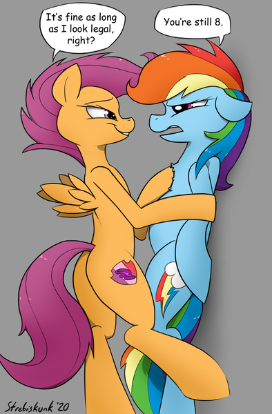 Size: 877x1336 | Tagged: suggestive, artist:strebiskunk, derpibooru import, rainbow dash, scootaloo, pegasus, pony, growing up is hard to do, female, lesbian, older, older scootaloo, scootadash, shipping, shipping denied