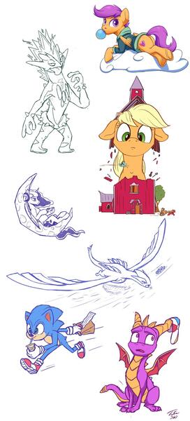 Size: 1280x2822 | Tagged: safe, artist:tsitra360, derpibooru import, applejack, princess luna, rainbow dash, scootaloo, alicorn, dragon, earth pony, lugia, pegasus, pony, gamer luna, bubblegum, clothes, cloud, farm, floppy ears, food, giant pony, growth, gum, headphones, hoodie, macro, nintendo switch, pokémon, rainbow crash, simple background, size difference, sketch, sketch dump, sonic the hedgehog, sonic the hedgehog (series), spyro the dragon, tangible heavenly object, toxtricity, transparent moon, underhoof, white background