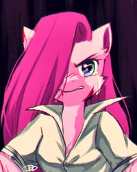 Size: 400x500 | Tagged: anime, anime style, anthro, artist:jacky-bunny, blood, breasts, cleavage, crying, derpibooru import, hair over one eye, injured, pinkamena diane pie, pinkie pie, safe