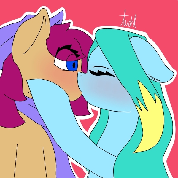 Size: 800x800 | Tagged: safe, artist:alilunaa, derpibooru import, oc, oc:alilunaa, oc:daybreak strider, unofficial characters only, pegasus, pony, clothes, cowboy hat, duet, female, hat, kissing, lesbian, mare, outline, scarf, ship, shocked, stridilunaa