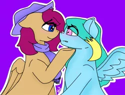 Size: 1200x912 | Tagged: safe, artist:alilunaa, derpibooru import, oc, oc:alilunaa, oc:daybreak strider, unofficial characters only, pegasus, pony, blushing, clothes, cowboy hat, digital, female, hat, lesbian, looking at each other, mare, oc x oc, outline, purple background, scarf, shipping, simple background, stridilunaa