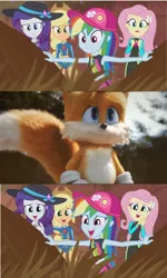 Size: 615x1024 | Tagged: safe, derpibooru import, edit, edited screencap, screencap, applejack, fluttershy, rainbow dash, rarity, fox, aww... baby turtles, equestria girls, equestria girls series, awww, cute, miles "tails" prower, reaction, sonic movie 2020, sonic the hedgehog (series), spoilers for another series