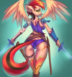 Size: 1800x1912 | Tagged: anthro, artist:prisma6, breasts, clothes, derpibooru import, female, pegasus, suggestive, sword, tail, weapon, wings