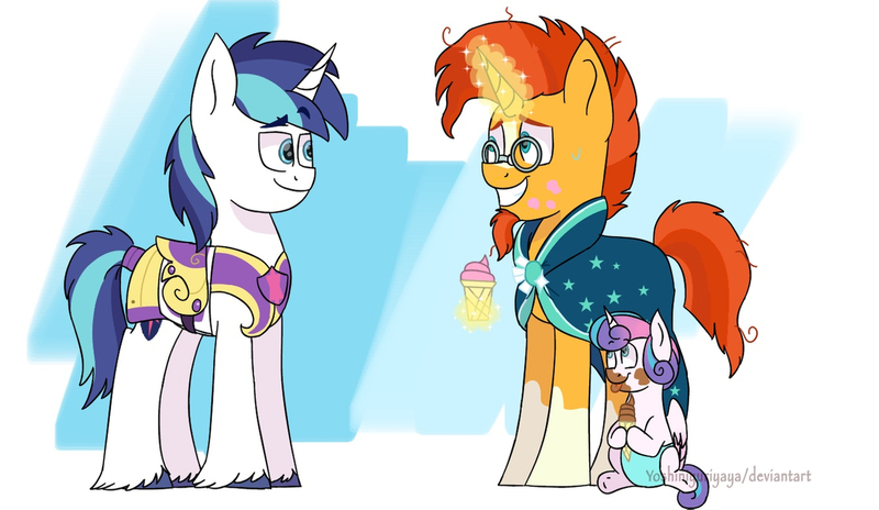 Size: 1280x743 | Tagged: safe, artist:yoshiniyuriyaya, derpibooru import, princess flurry heart, shining armor, sunburst, alicorn, pony, unicorn, :p, armor, blaze (coat marking), clothes, cute, diaper, father and child, father and daughter, female, filly, food, glasses, glowing horn, horn, ice cream, ice cream cone, levitation, magic, male, messy eating, nervous, robe, stallion, sunburst's glasses, sunburst's robe, sweat, sweatdrop, telekinesis, tongue out, unshorn fetlocks