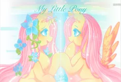Size: 798x540 | Tagged: artist needed, source needed, safe, derpibooru import, fluttershy, pegasus, pony, unicorn, leak, spoiler:g5, duality, eye contact, female, flower, flower in hair, fluttershy (g5), g4, g4 to g5, g5, generational ponidox, looking at each other, mare, self ponidox, smiling, spread wings, title drop, unicorn fluttershy, wings
