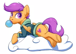 Size: 2000x1427 | Tagged: safe, artist:tsitra360, derpibooru import, edit, scootaloo, pegasus, pony, bubblegum, clothes, cloud, cropped, cute, cutealoo, featureless crotch, food, gum, hoodie, looking at you, looking back, on a cloud, prone, solo, underhoof