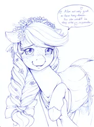Size: 1239x1688 | Tagged: safe, artist:longinius, derpibooru import, applejack, earth pony, human, pony, alternate hairstyle, blushing, braid, clothes, cute, dialogue, dress, ear blush, female, floppy ears, flower, flower in hair, freckles, hoof hold, implied human on pony action, implied interspecies, jackabetes, looking at you, mare, monochrome, offscreen character, offscreen human, pov, ribbon, speech bubble, talking to viewer, traditional art
