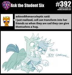 Size: 800x839 | Tagged: safe, artist:sintakhra, derpibooru import, gallus, ocellus, gryphon, tumblr:studentsix, disguise, disguised changeling, female, hug, male, post-it, self griffondox, self ponidox