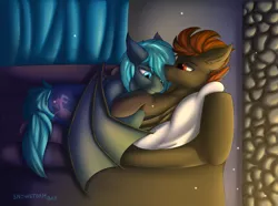 Size: 3325x2480 | Tagged: safe, artist:snowstormbat, derpibooru import, oc, oc:blitz, oc:guttatus, unofficial characters only, bat pony, pegasus, pony, couch, cuddling, curtains, fangs, gay, male, pillow, snuggling, stallion, wings